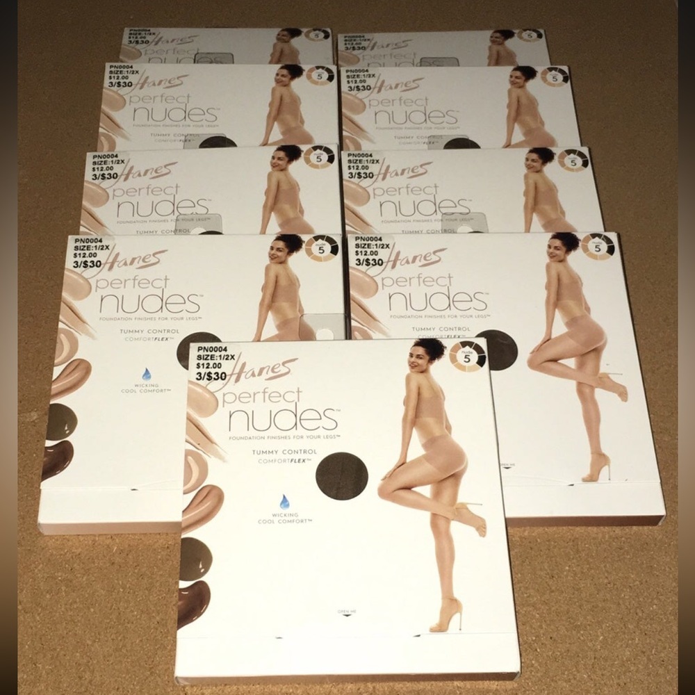 Nine Packs Hanes Perfect Nudes Tummy Control Nude 5 (Tan) Sz 1/2X Sheer Tights
